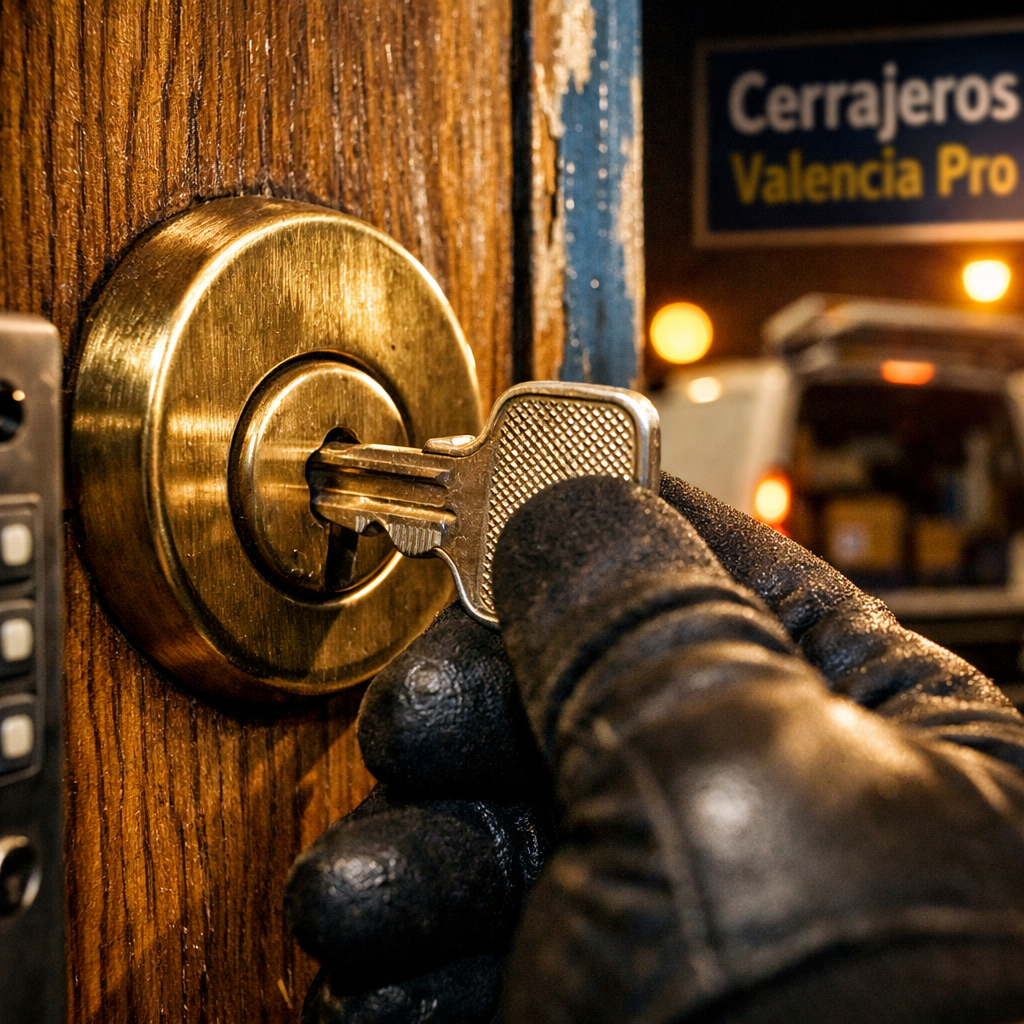 Cual es el servicio de cerrajeria mas fiable para aperturas urgentes en Valencia: cerrajero gira llave en puerta de madera.