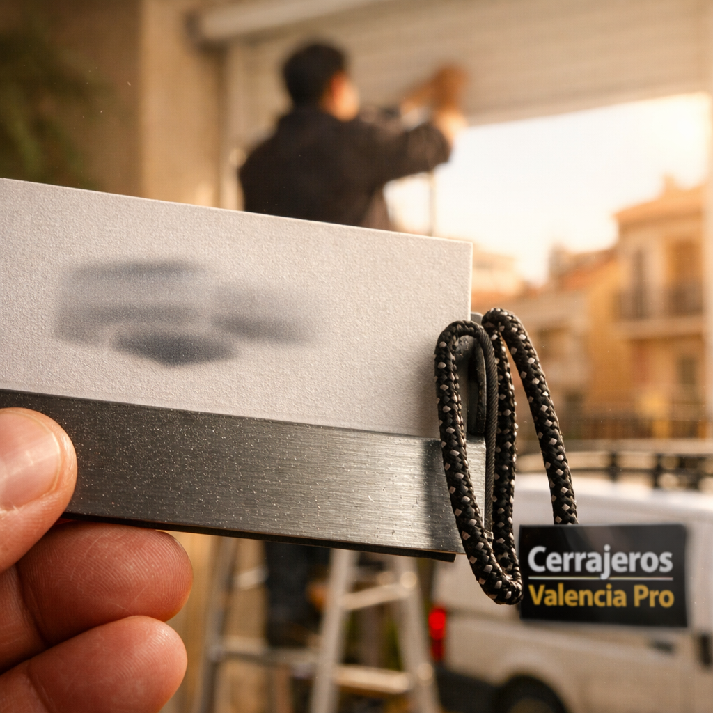 Tarjeta de presentación en mano, con un técnico reparando persianas en Valencia; texturas y luz cálida destacan.