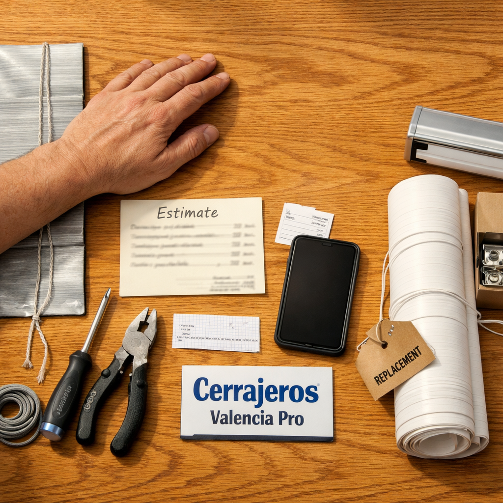 Vista cenital de herramientas y persianas dañadas sobre una mesa de roble, ideal para 