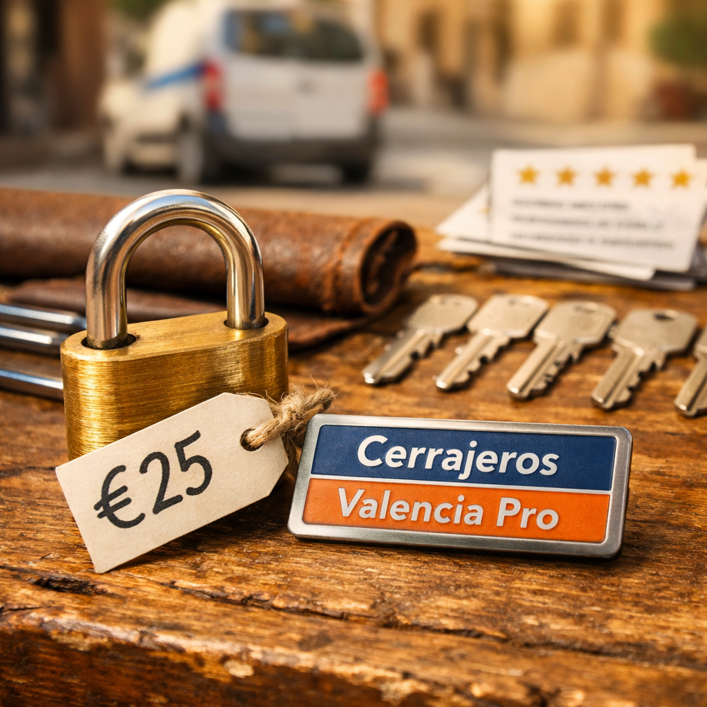 Cerraduras y herramientas de cerrajería en un banco de trabajo, mostrando precios competitivos para cambios de cerraduras en Valencia.