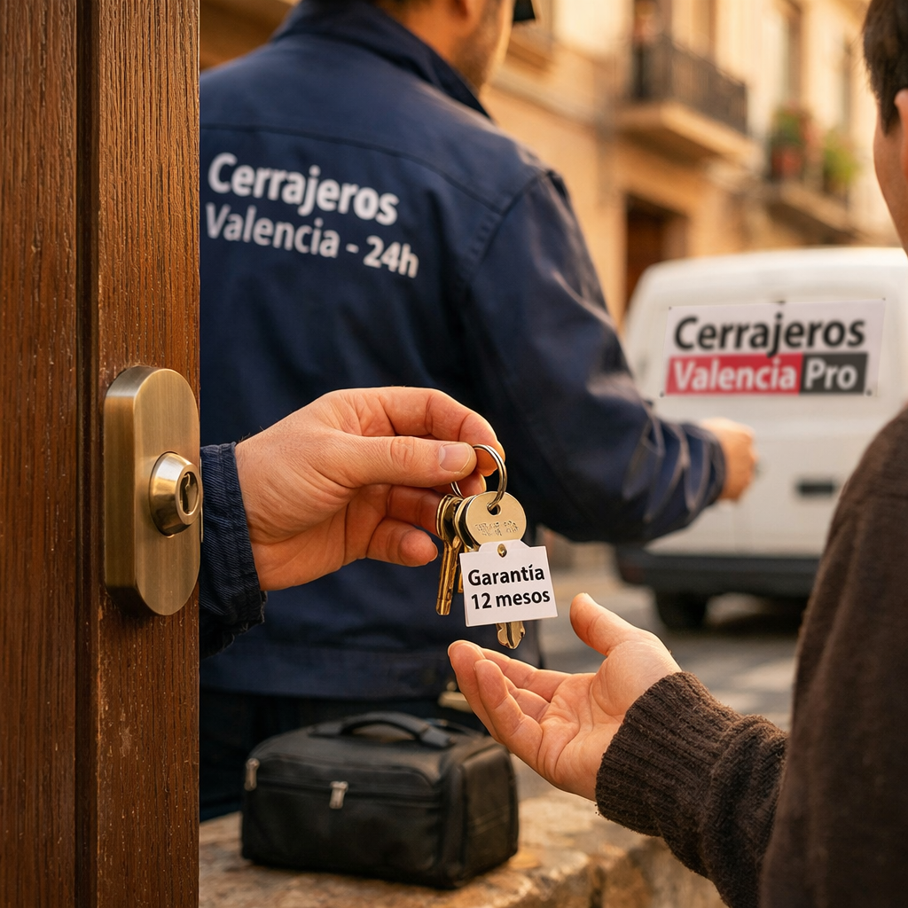 Un cerrajero en Valencia entrega llaves a un residente, con un ambiente cálido y acogedor, ideal para "Cuales son las mejores empresas de cerrajeria para aperturas de puertas en Valencia".