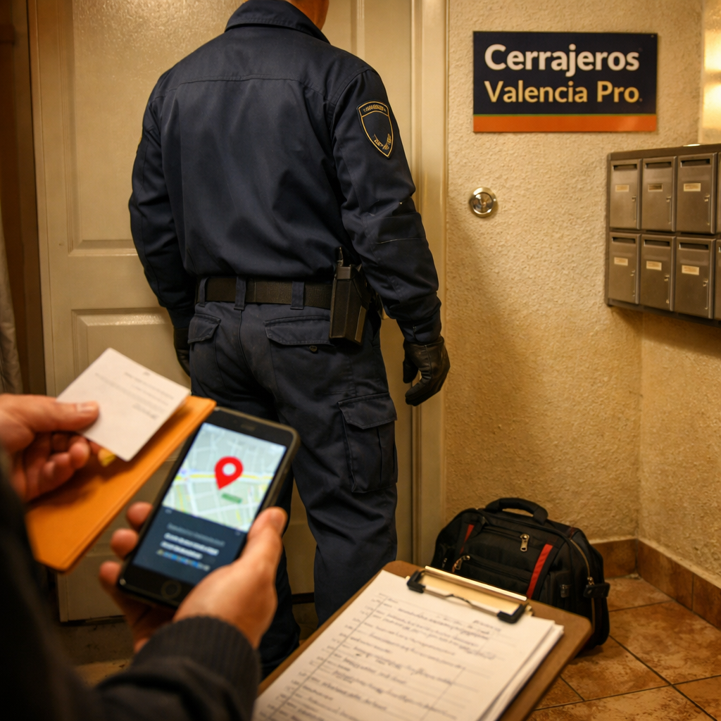 Encuentra un servicio de cerrajeria 24/7 para aperturas de puertas en Valencia: técnico y cliente junto a la puerta.